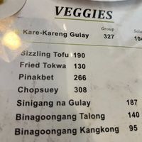 veggies section of menu at Giligan's Restaurant in Pasay
