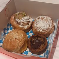 Pistachio swirl, cheeze pastry, amandes and brown sugar cookie. at Okja in East London