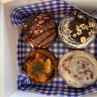 PB + J swirl, Choc and hazelnut swirl, pesto and cheese swirl, and vanilla bean croissant   at Okja in East London