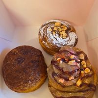 Pain au chocolat, Chocolate and hazelnut swirl, Peanut butter and jam swirl at Okja in East London