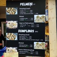 Menu with clearly marked options at Pelmeni Dumplings in Riga