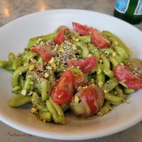 Homemade pistachio pesto with sautéed cherry tomatoes (casarecce) at Emilia's Crafted Pasta  in East London