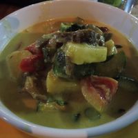 Veggie duck curry. Veggie duck (soy protein) in coconut with tomato, pineapple and basil. at Radiance Restaurant in Koh Samui