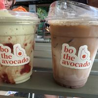 Strawberry avocado drink and mocha with almond milk (specify for which plant milk you want)   at Bo The Avocado in Kuala Lumpur