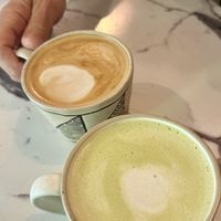Matcha and coffee oat lattes   at WaffleLand Cafe in Vancouver