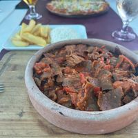 Tofu kebab with rice and chips  at Yener's Place in Dalyan
