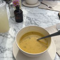 Season Butternut Squash Soup with Thai Basil. Drink is Rose Petal Lemonadee  at Flower Child in St Louis