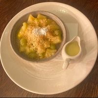 Apple and gooseberry crumble with custard.    at Brasserie Blanc in Portsmouth