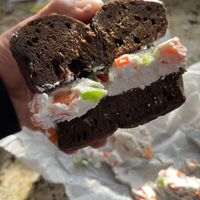 Pumpernickel bagel with tofu vegetable cream cheese   at Baron's Bagels in Point Pleasant
