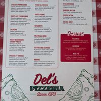 Menu at Del's Pizzeria in Pismo Beach
