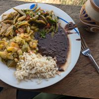 The vegan plate they made up for us at Cocina Económica Monte Sinai in San Jose Del Pacifico
