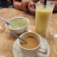 Pea soup, mango lassi, chai latte at Ram Krishna Vegetarian Indian Cuisine in Hanoi