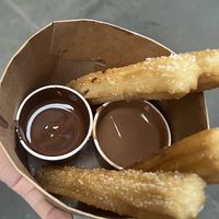 Vegan churros (dark chocolate is vegan, milk chocolate is not vegan)  at Be Chocolat Gòtic in Barcelona