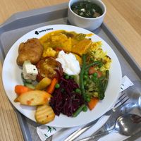 Selection from buffet and a spinach soup at Loving Bistro in Prague