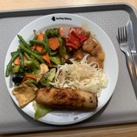 A Buffet selection of Soy meat with a Soy spring roll, served with vegetables, coleslaw salad and cabbage.  at Loving Bistro in Prague
