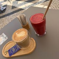 Flat white and the red smoothie   at Yellow Bourbon in Faro