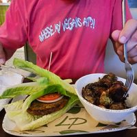 Veggie burger between lettuce leaves because they weren't sure if GF bun was vegan (it is) + side of roasted brussel sprouts not on menu but cashier suggested and they were yummy at Lake Park Diner  in Naples