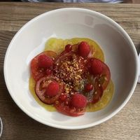 Starter - delicious tomato and fruit salad  at La Promenade in Pont-aven