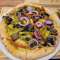 Vegan pizza with pesto base. Delicious! at Bamboo in Ovar