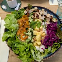 Thai noodle salad with cashew dressing and smoked tofu at Riviere Salée in Crest