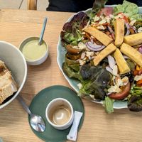Chickpea fries salad with basil dressing (left out the Parmesan to make it vegan) at Riviere Salée in Crest