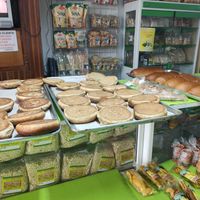 Fruit bread rolls (left) vegan. at El Verdadero Pan Integral in Bogota