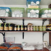 Natural medicines and food spreads at El Verdadero Pan Integral in Bogota