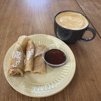Vegan crepe with a delicious salted caramel rosemary lattee  at Raven's Nest Cafe in Northfield
