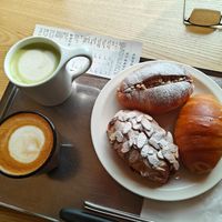 cappuccino, oatmilk matcha latte, and various salt bread. at Leedorim in Seoul
