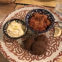 Hummus, falafel, and aubergine/tomato dish  at Orient Experience in Venice