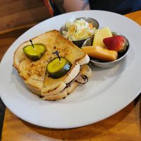 I believe this was one of the melts, not sure which one. with side of fruit and coleslaw (coleslaw was a super interesting but amazing flavor) at 9th Island in Haleiwa