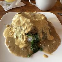 Mocko Loco made with Beyond burger, mushrooms, spinach and onions, with homemade brown sauce and vegan hollandaise sauce.   at 9th Island in Haleiwa