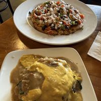 top is mediterranean pizza and the bottom is mocko loko   at 9th Island Vegan in Haleiwa