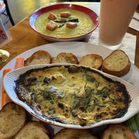 the asparagus soup special, tropical smoothie, and artichoke spinach dip  at 9th Island Vegan in Haleiwa