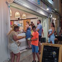 Entrance - always full at Gelato Art Rolls in Karpathos