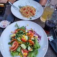 Spagetti mit Chili-Knoblauch-Sauce & Salat at Casagrande in Bolzano