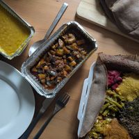 Lentils, aubergine and mixed veggies in injera at Mesob  in Sheffield
