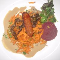 Carrot and mushroom salad starter at Rayen Vegano in Madrid