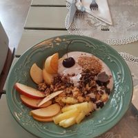 Soya yogourt, granola and fruits at Rayen Vegano in Madrid
