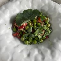 Entrée : salade de petit pois frais avec fraise ...  at Auberge Des Aryelets in Aulon