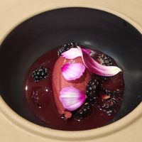 Blackberry sorbet & coulis + 🌺 at Auberge Des Aryelets in Aulon