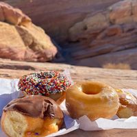 Boston creme (very reminiscent of the chocolate square crème patissier filled viennoiserie), chocolate (no skimping on the) sprinkles, glazed classic and a lemon filled donut at Ronald's Donuts in Las Vegas