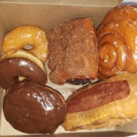 Glazed, chocolate glazed, Boston cream, apple turnover, fakin/maple, and cinnamon bun at Ronald's Donuts in Las Vegas