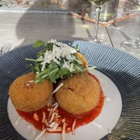 Arancini with vegan cheese, smoked red pepper & basil  at Wineport Lodge in Glasson