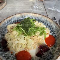 Cauliflower carpaccio & beetroot pearly couscous   at Wineport Lodge in Glasson