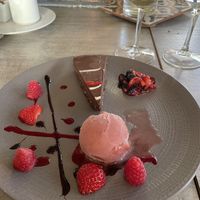 Chocolate tarte with raspberry sorbet   at Wineport Lodge in Glasson