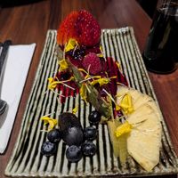 Matcha cheesecake with berry compote for dessert. at Tane Vegan Izakaya in Palo Alto