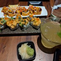 Monterey Roll (front), Half Moon Roll (back), Shiso Shrub Mocktail (right). at Tane Vegan Izakaya in Palo Alto
