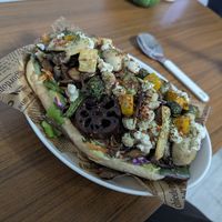 Open sandwich with tofu and mushrooms and lotus root at RUDIS VEGAN - 루디스비건 in Seoul