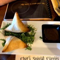 Veggie samosas with tamarind sauce at India Restaurant in Providence